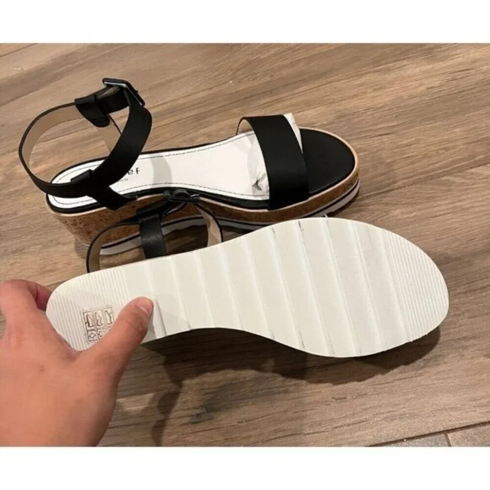 NWT Anthropologie Jon Josef Black Leather Cork Wedge Sandals Size 9